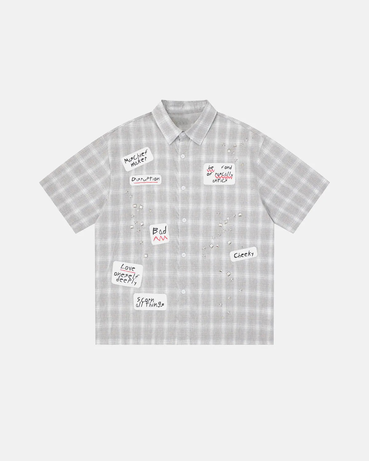 Plaid Sticker Graphic Studded Shirt | Flation Streetwear