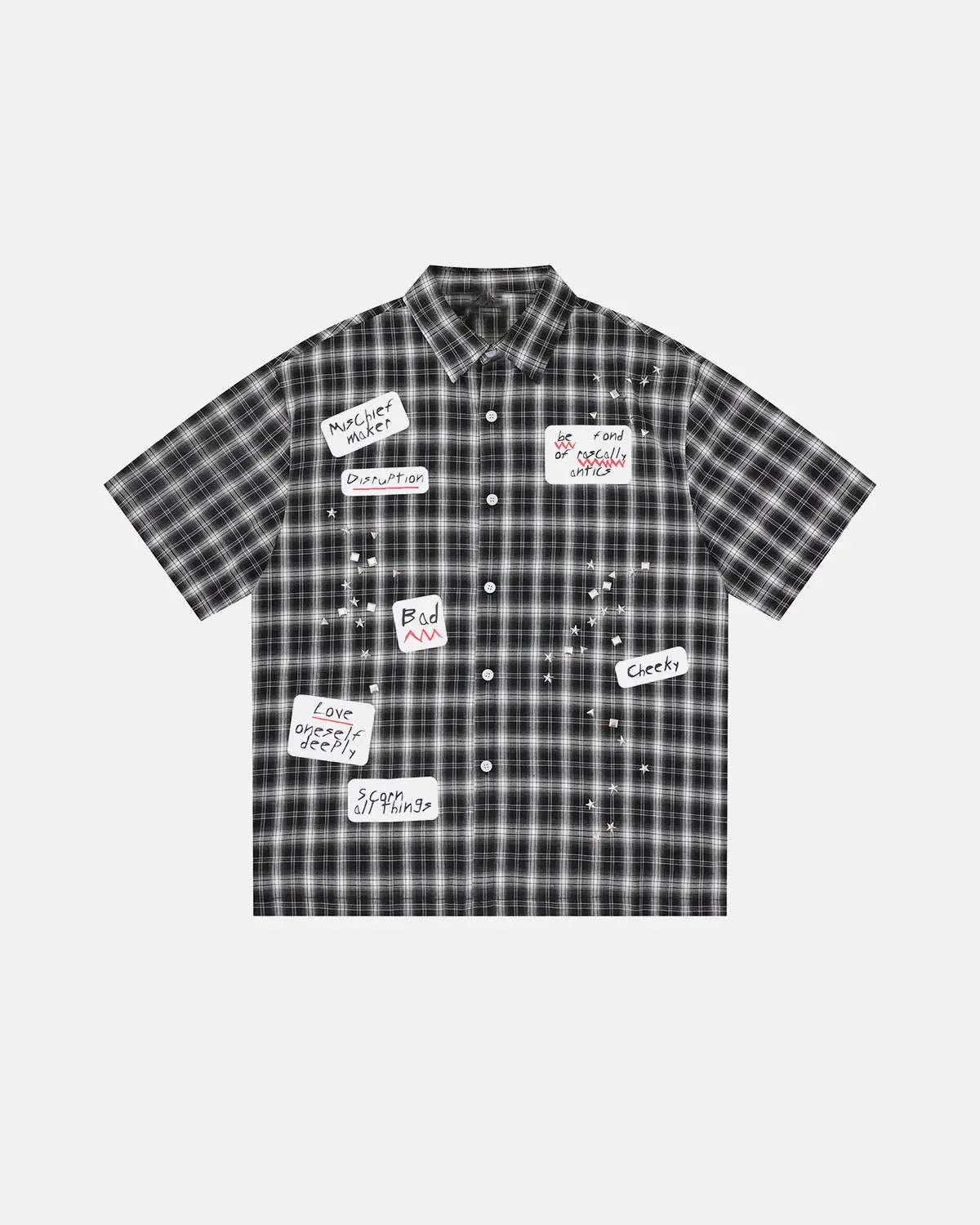 Plaid Sticker Graphic Studded Shirt | Flation Streetwear