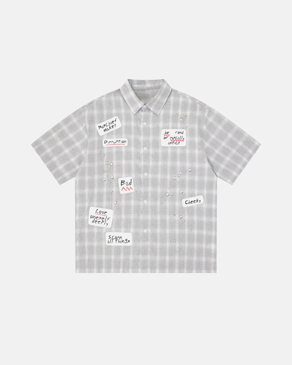 Plaid Sticker Graphic Studded Shirt | Flation Streetwear