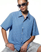Plaid Script Embroidered Short-Sleeve Shirt | Flation Streetwear