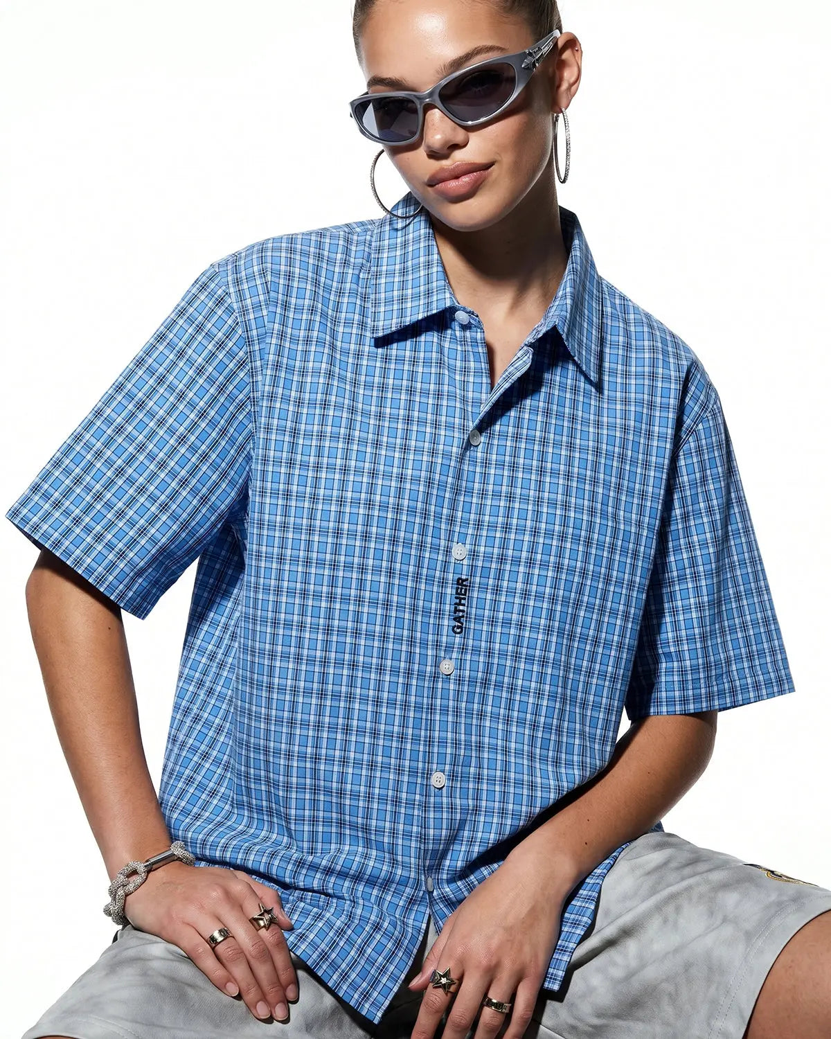 Plaid Script Embroidered Short-Sleeve Shirt | Flation Streetwear