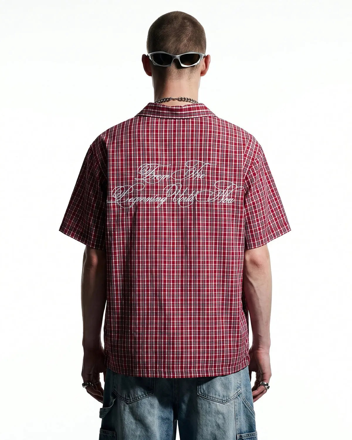 Plaid Script Embroidered Short-Sleeve Shirt | Flation Streetwear