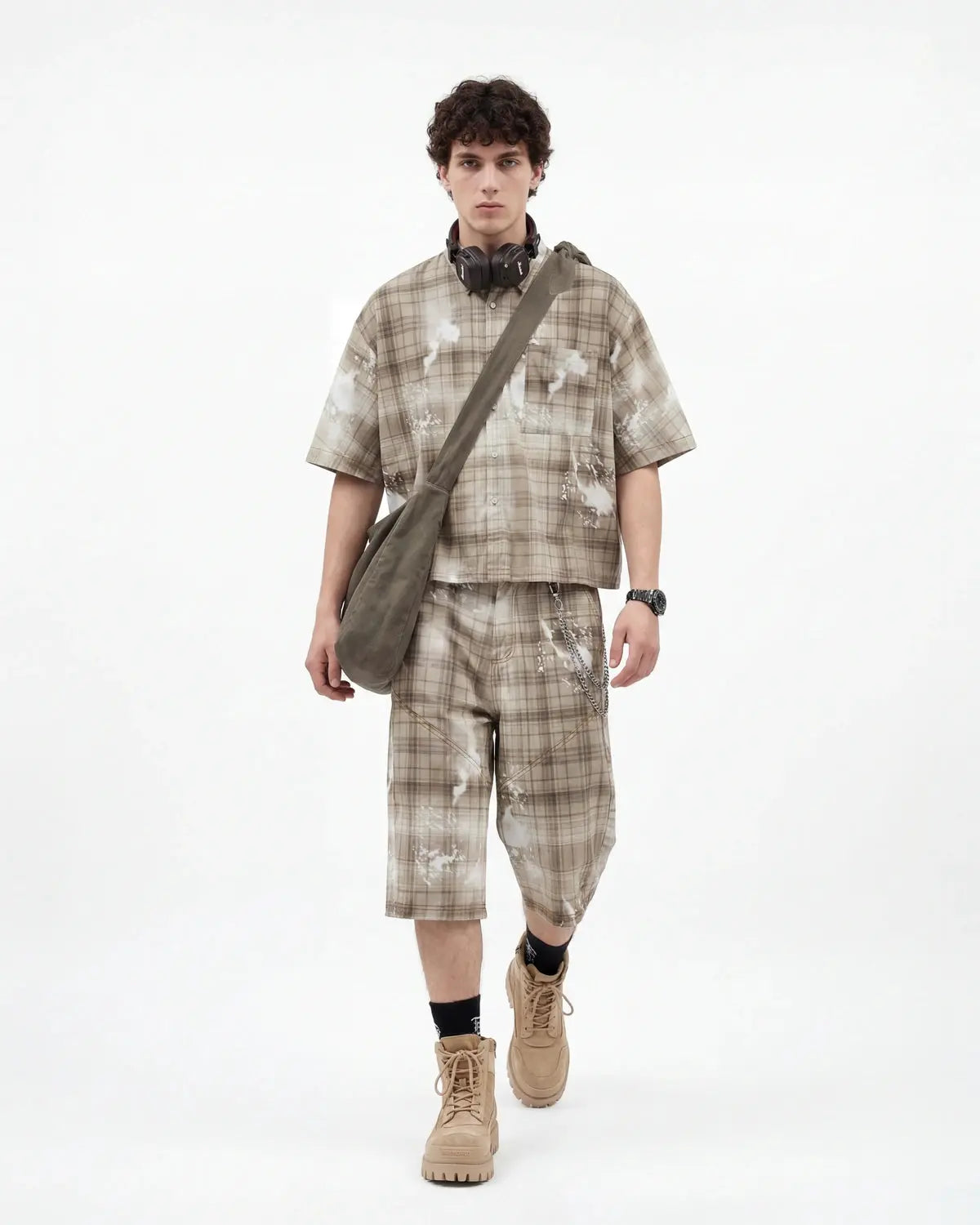 Boxy Tencel Washed Plaid Print Shirt | Flation Streetwear