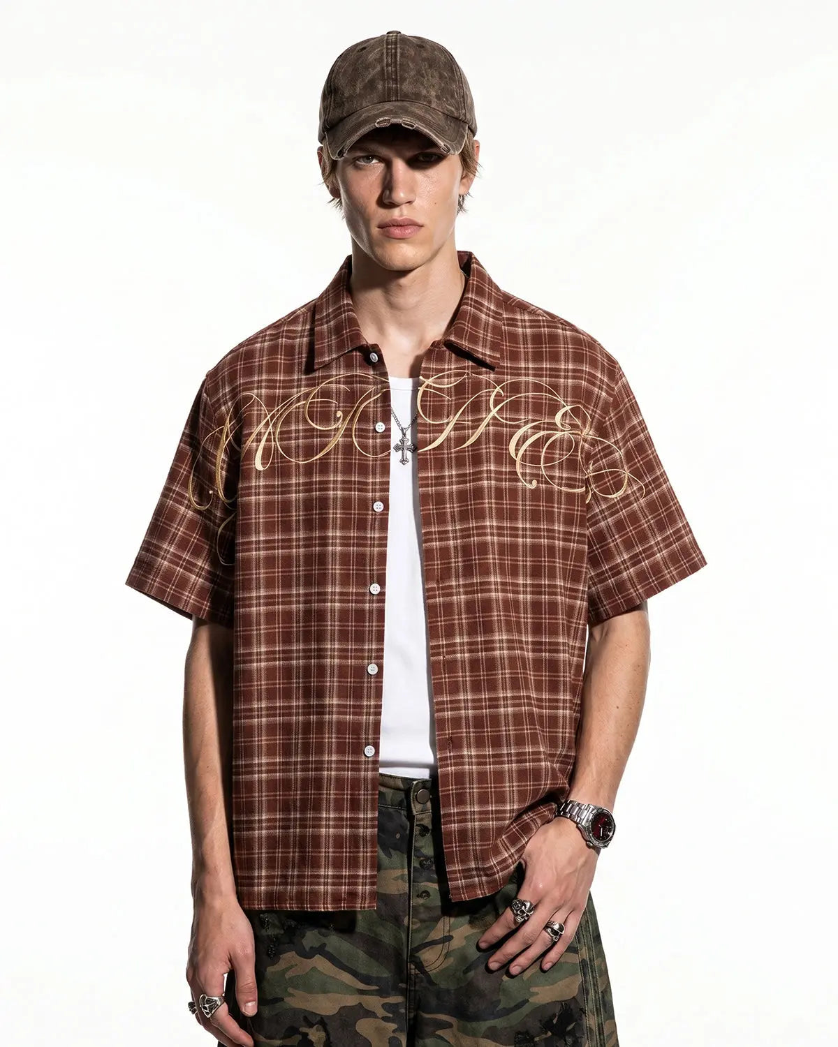 Lettering Embroidery Plaid Shirts | Flation Streetwear