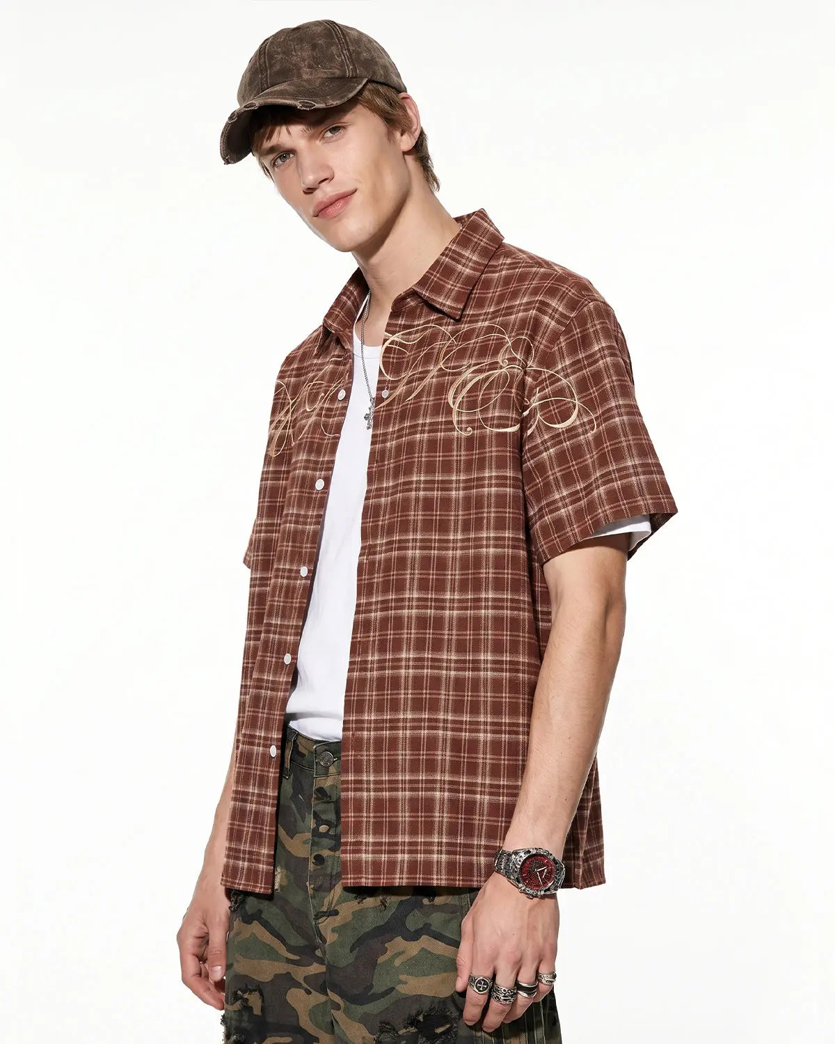 Lettering Embroidery Plaid Shirts | Flation Streetwear
