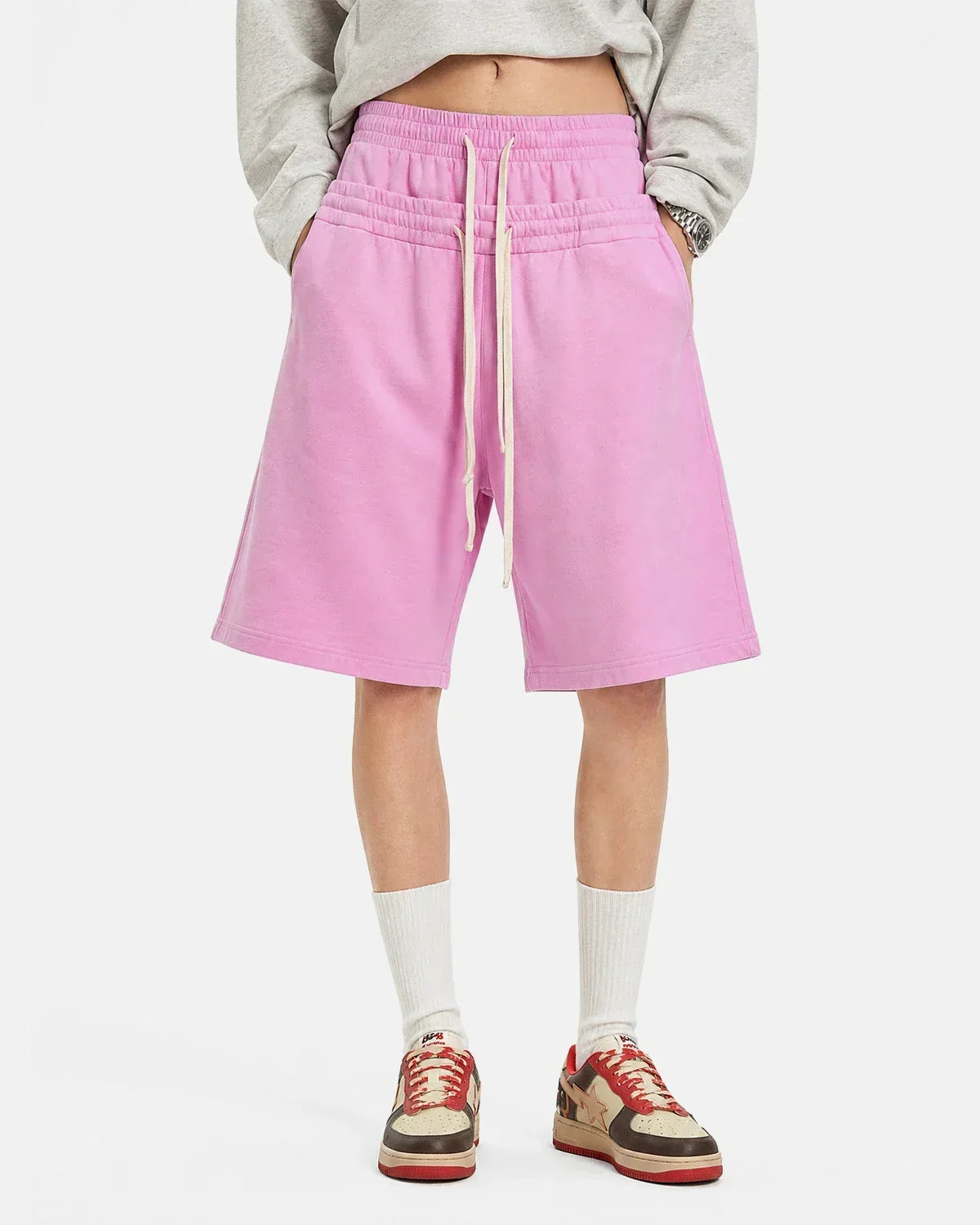 Double Waist Acid Wash Sweat Shorts | Flation Streetwear