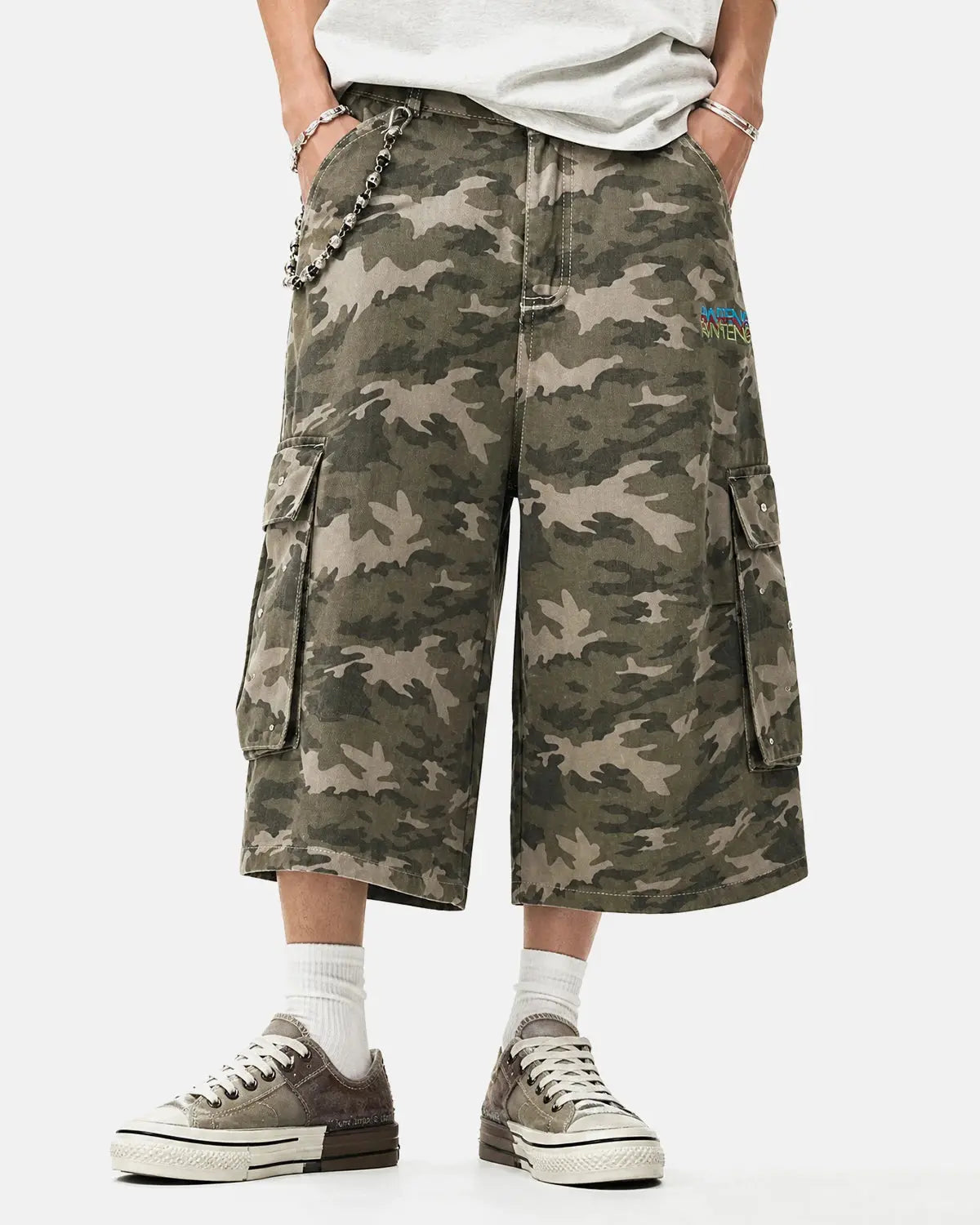 Embroidered Camo Cargo Longline Shorts | Flation Streetwear