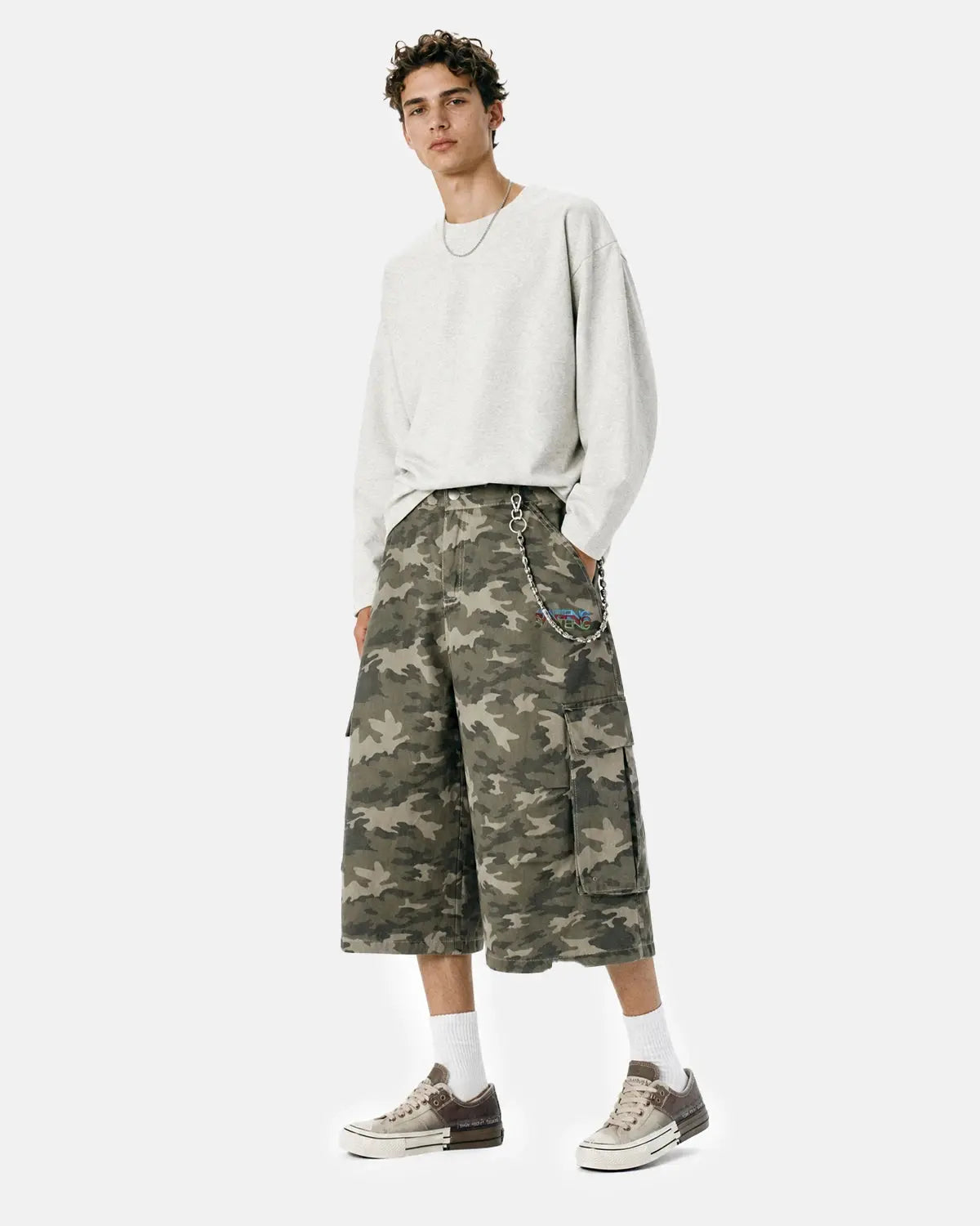 Embroidered Camo Cargo Longline Shorts | Flation Streetwear