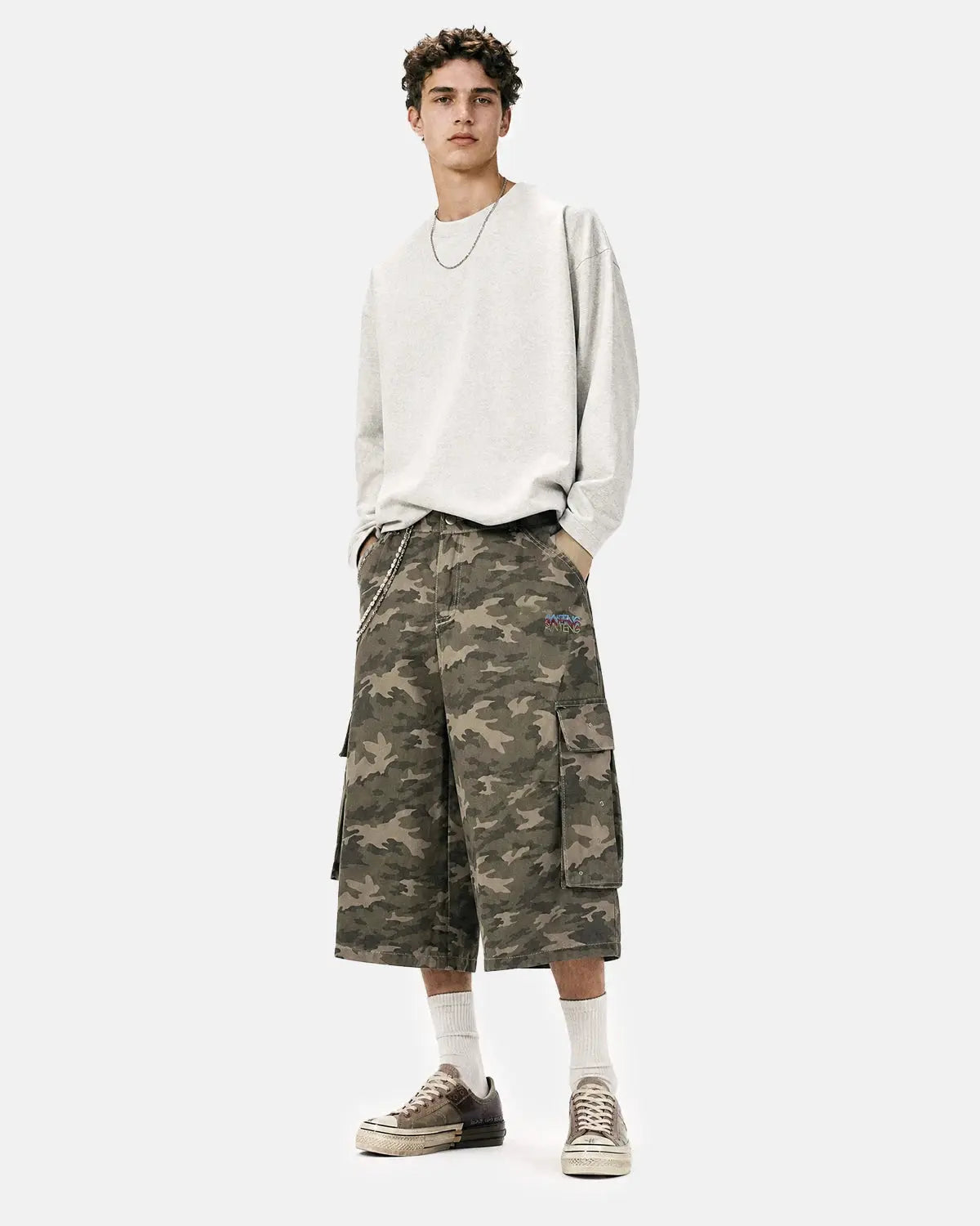 Embroidered Camo Cargo Longline Shorts | Flation Streetwear