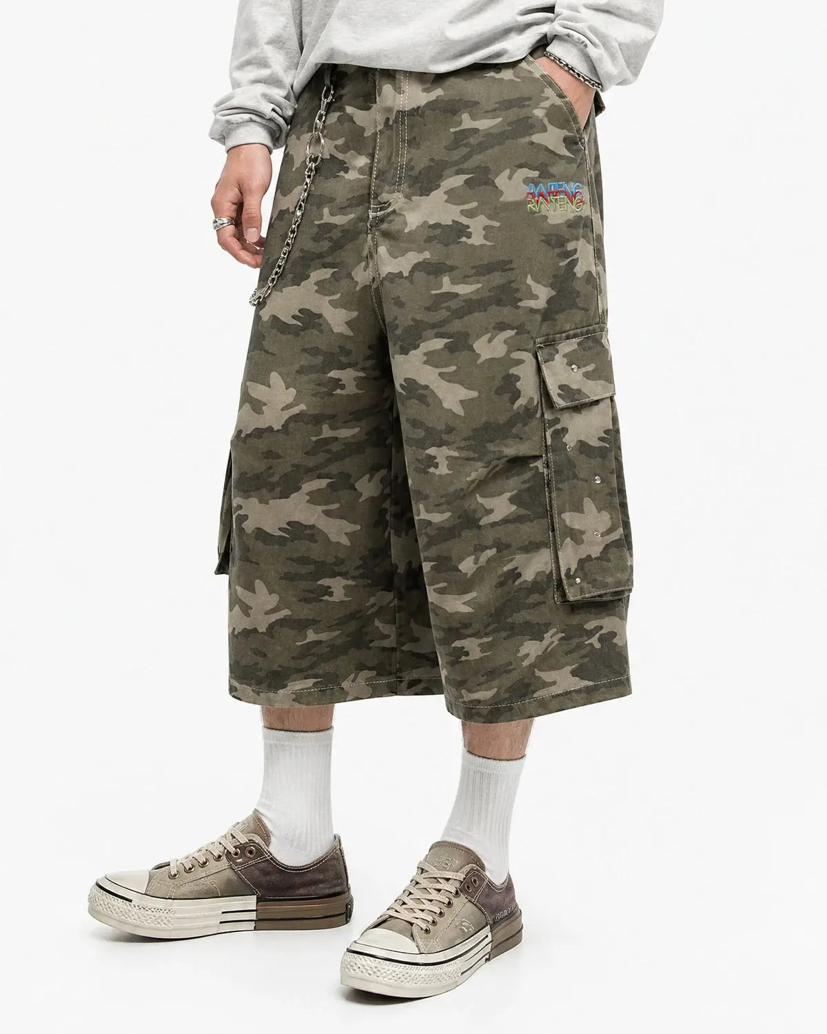 Embroidered Camo Cargo Longline Shorts | Flation Streetwear