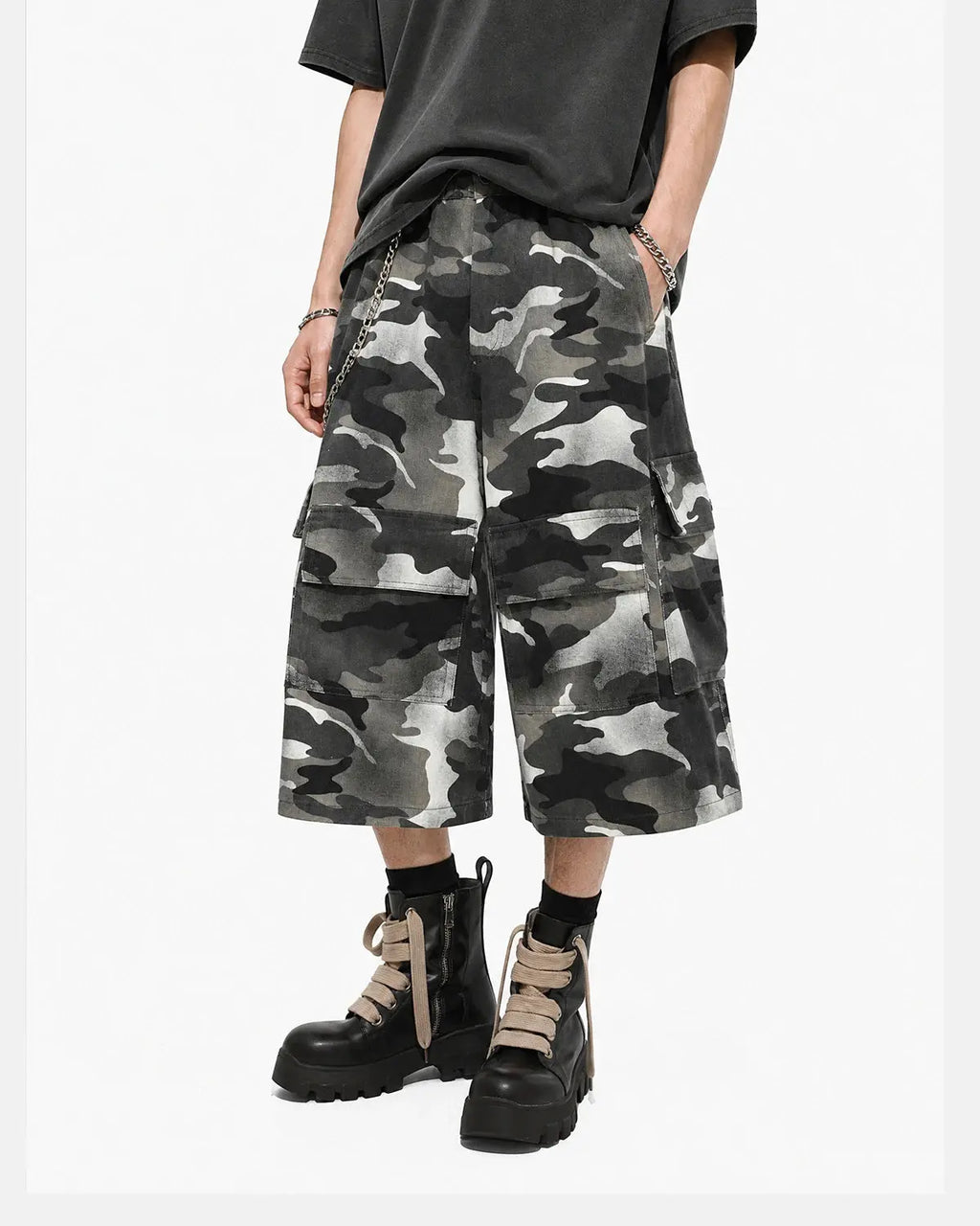 Grey Camo Utility Longline Shorts | Flation Streetwear