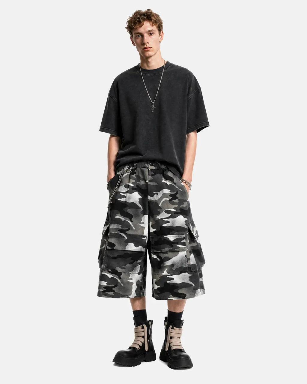 Grey Camo Utility Longline Shorts | Flation Streetwear