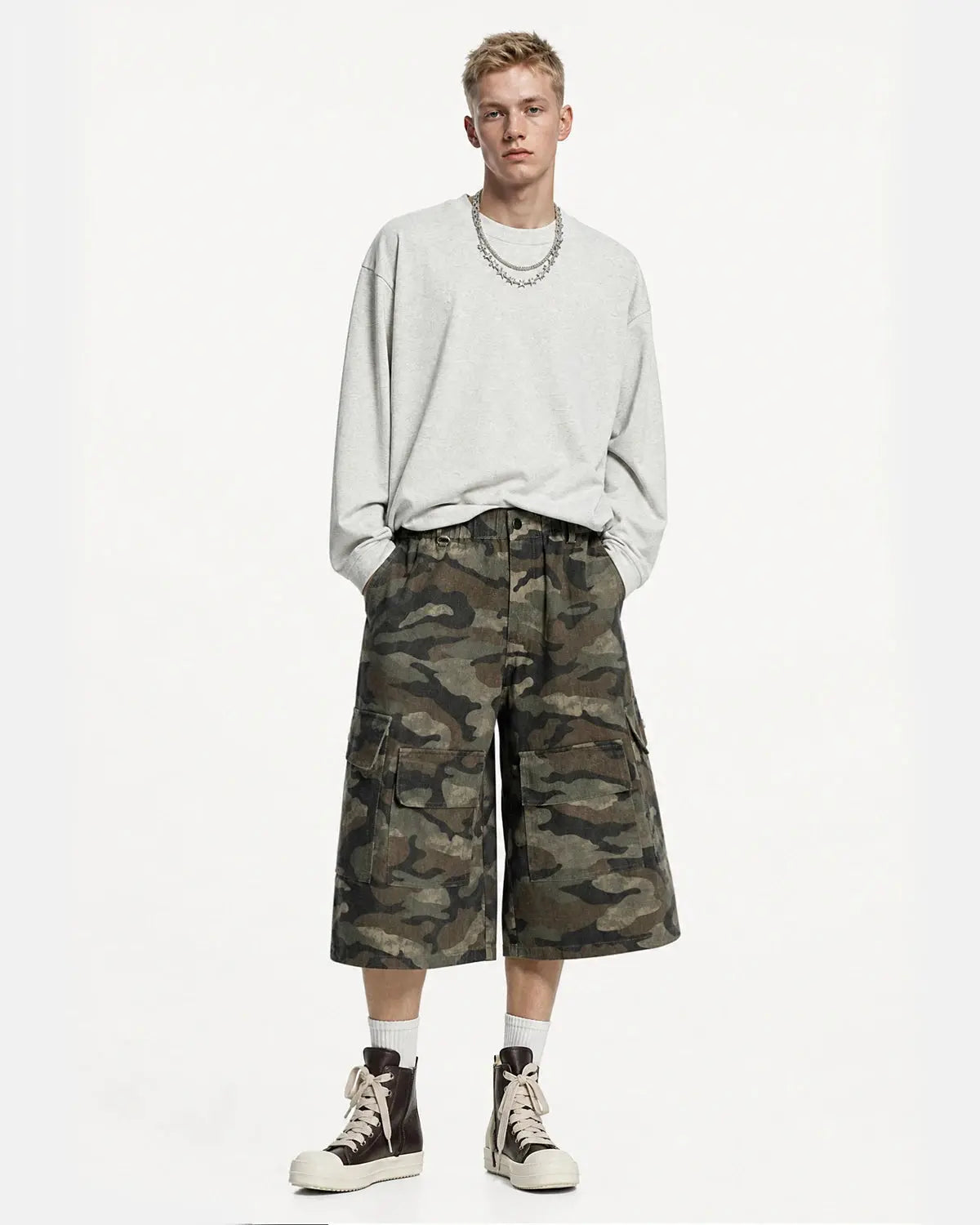 Grey Camo Utility Longline Shorts | Flation Streetwear