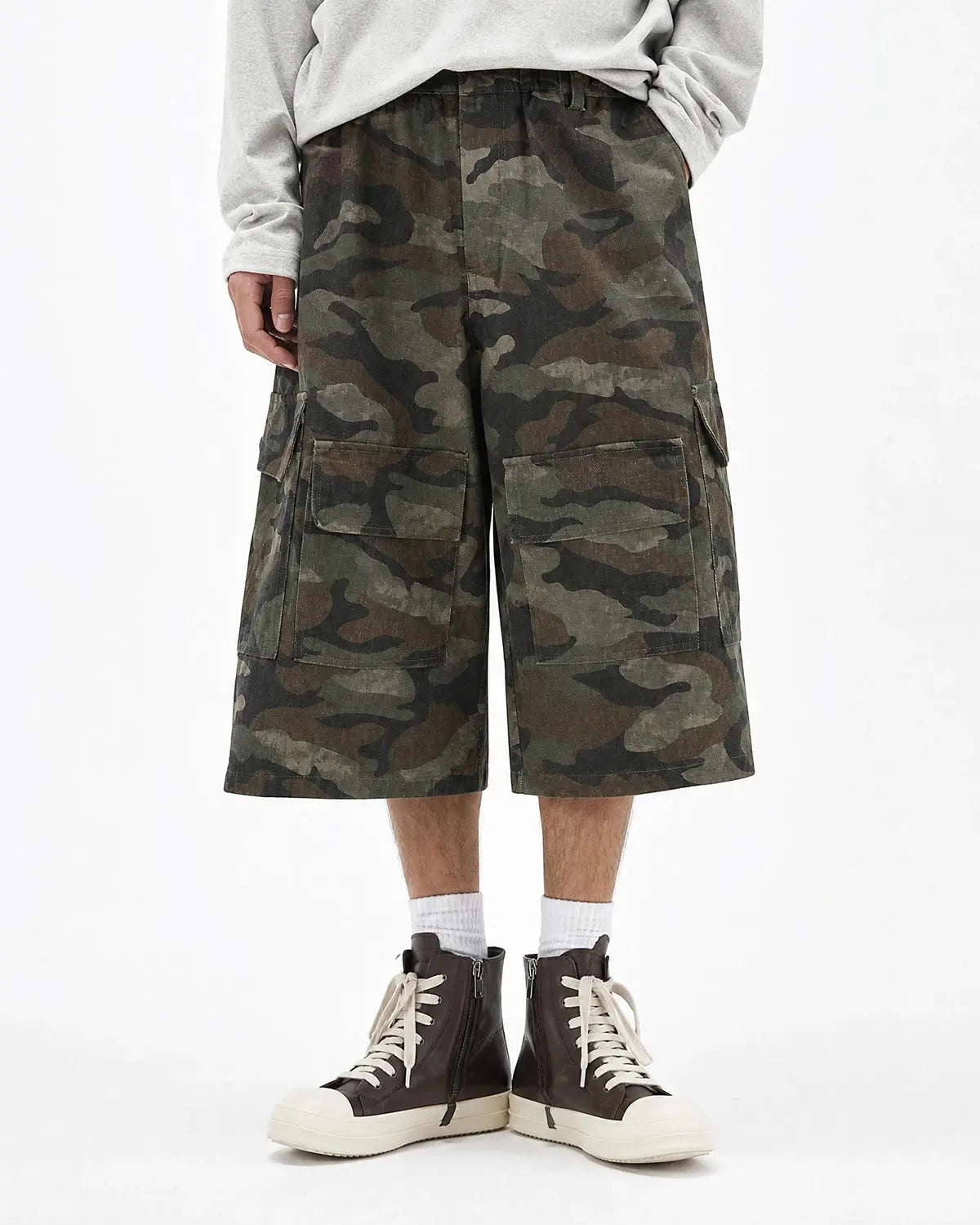 Grey Camo Utility Longline Shorts | Flation Streetwear