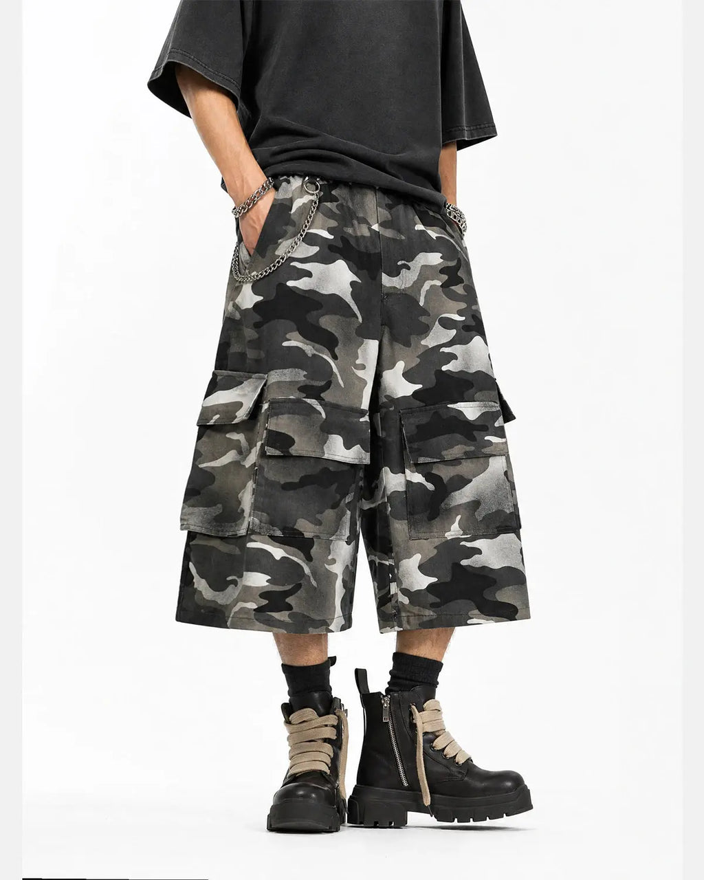 Grey Camo Utility Longline Shorts | Flation Streetwear