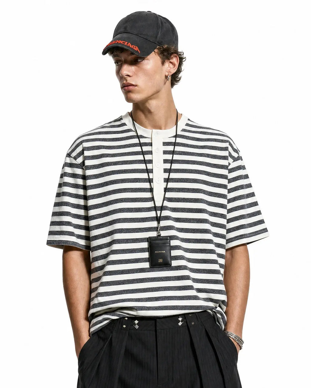 Striped Henley Relaxed T-shirt | Flation Streetwear