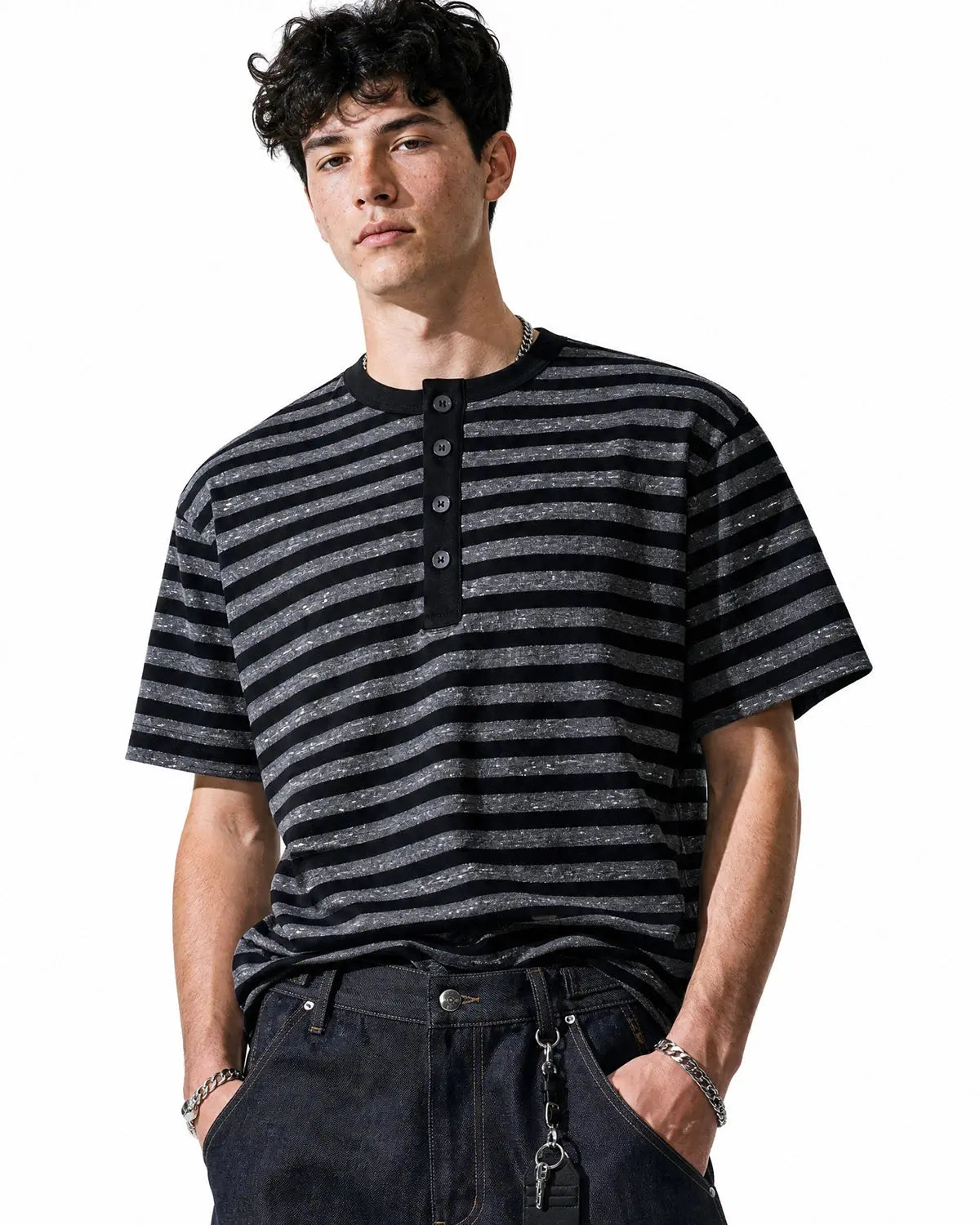 Striped Henley Relaxed T-shirt | Flation Streetwear