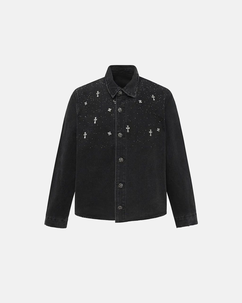 Starry Cross Rhinestone Washed Denim Shirt | Flation Streetwear