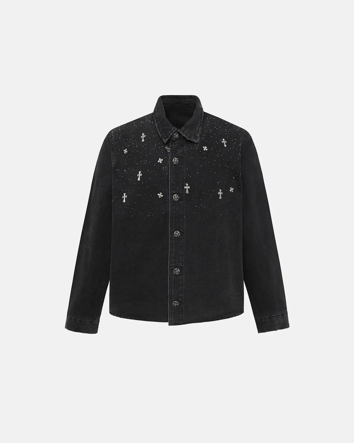 Starry Cross Rhinestone Washed Denim Shirt | Flation Streetwear