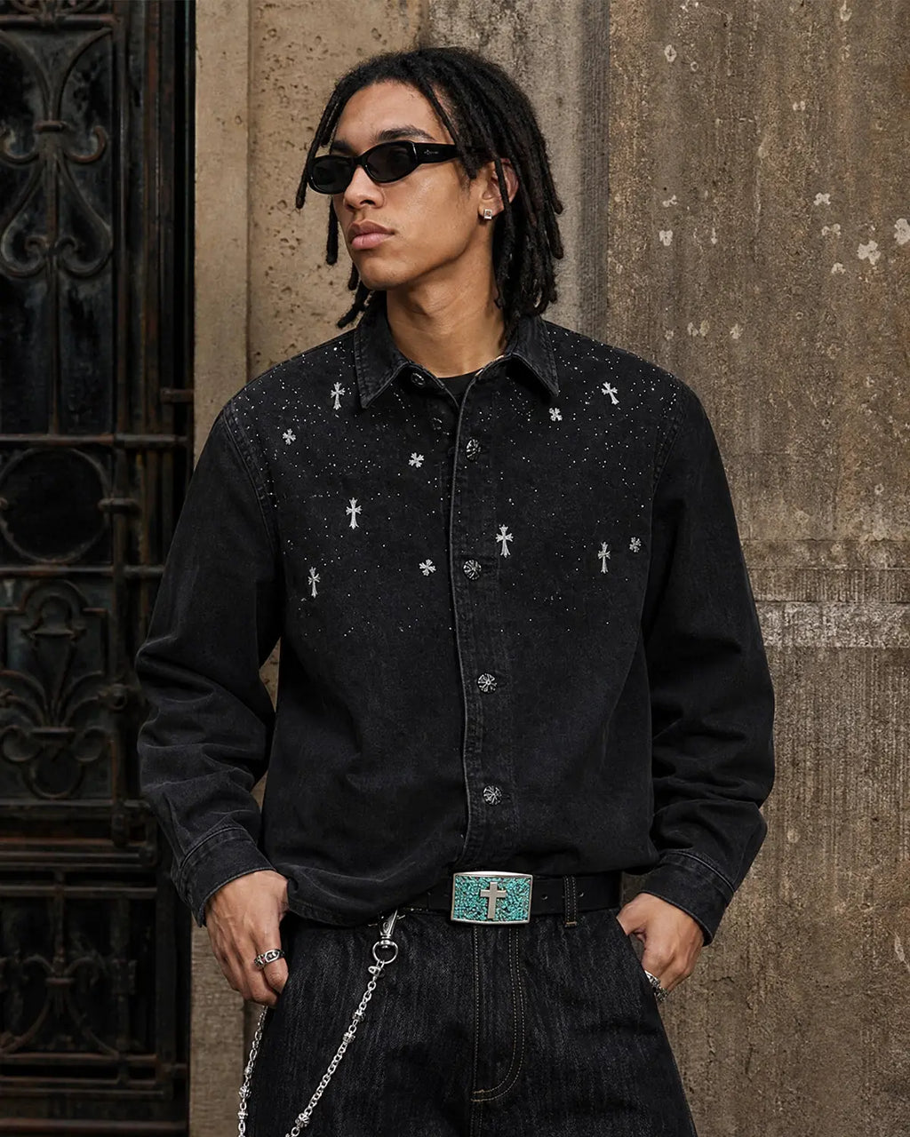 Starry Cross Rhinestone Washed Denim Shirt | Flation Streetwear