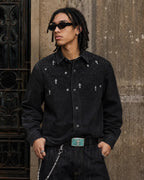 Starry Cross Rhinestone Washed Denim Shirt | Flation Streetwear