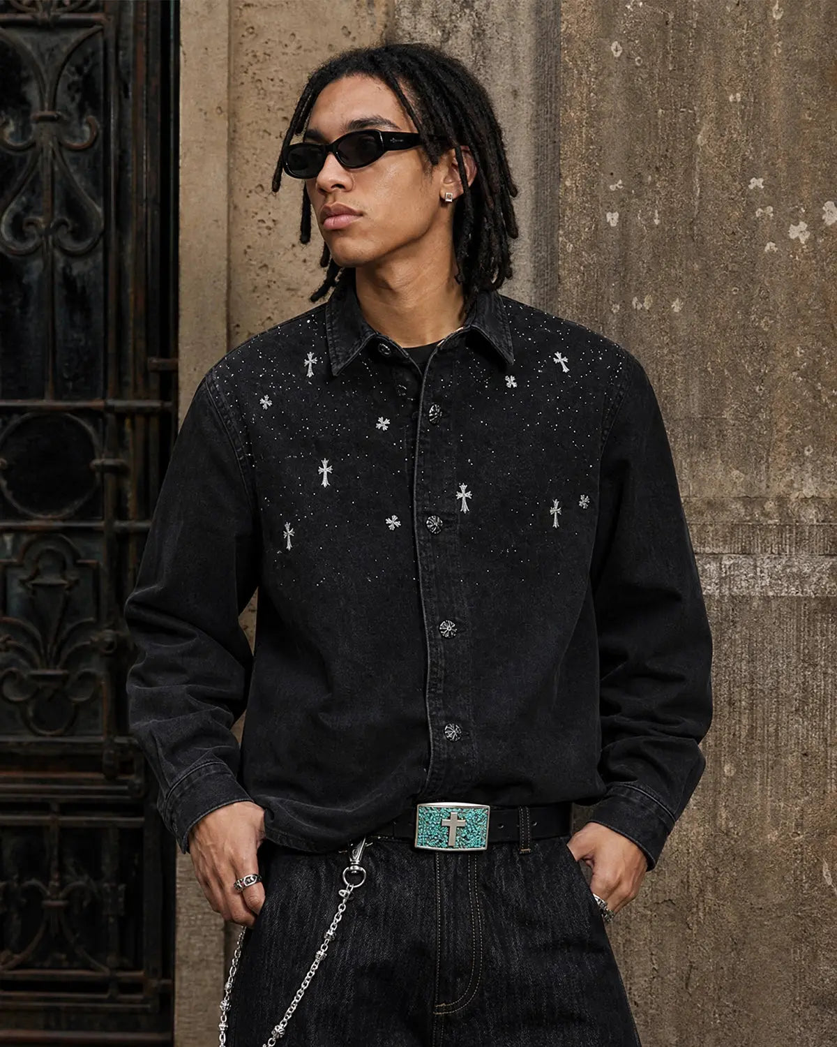 Starry Cross Rhinestone Washed Denim Shirt | Flation Streetwear