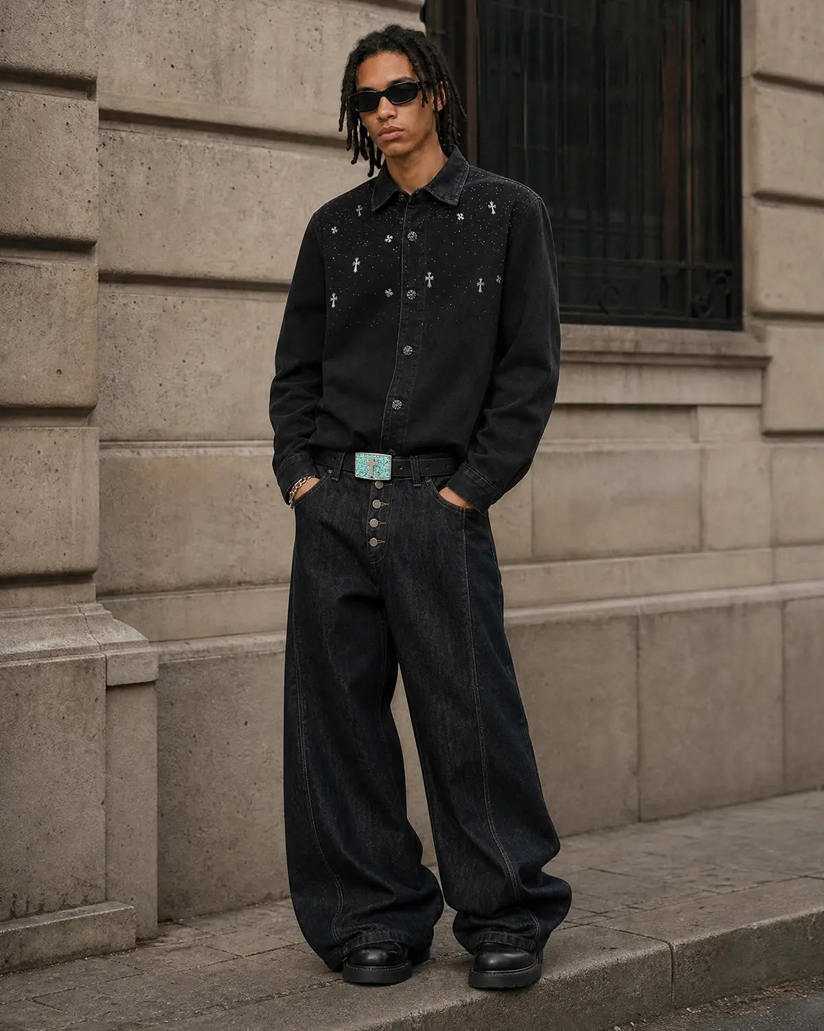 Starry Cross Rhinestone Washed Denim Shirt | Flation Streetwear