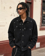 Starry Cross Rhinestone Washed Denim Shirt | Flation Streetwear