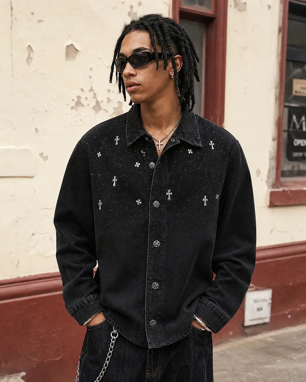 Starry Cross Rhinestone Washed Denim Shirt | Flation Streetwear