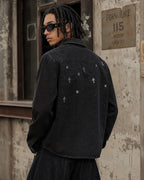 Starry Cross Rhinestone Washed Denim Shirt | Flation Streetwear