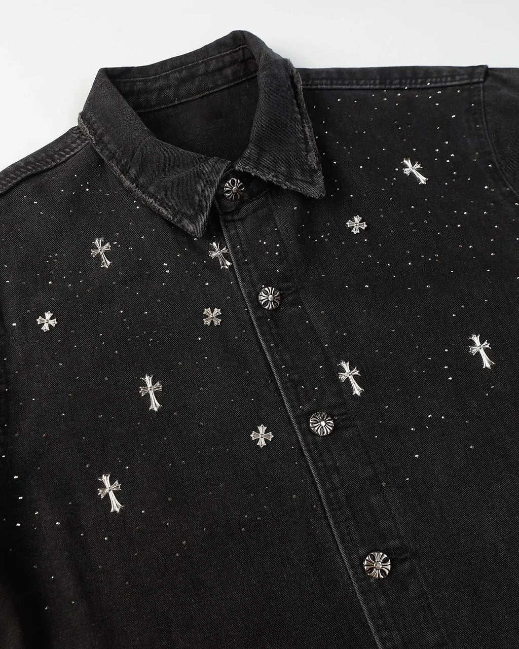 Starry Cross Rhinestone Washed Denim Shirt | Flation Streetwear