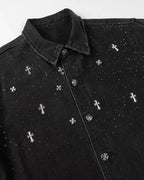 Starry Cross Rhinestone Washed Denim Shirt | Flation Streetwear
