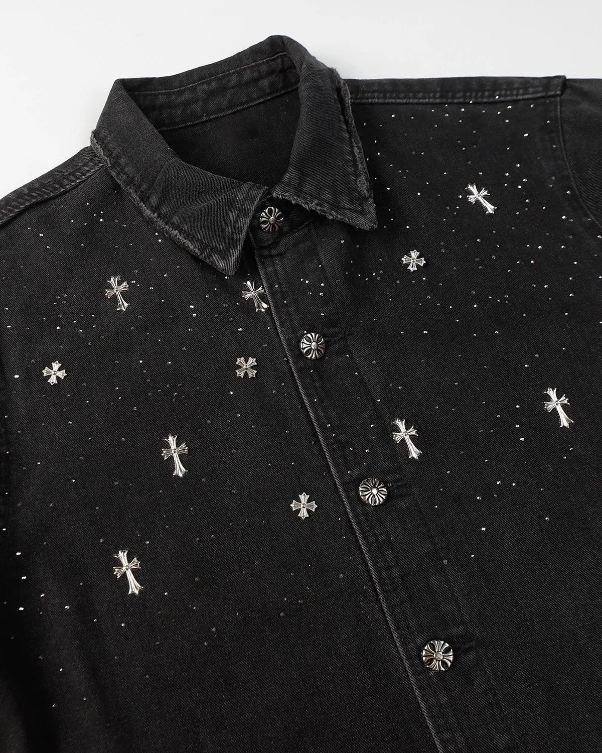 Starry Cross Rhinestone Washed Denim Shirt | Flation Streetwear