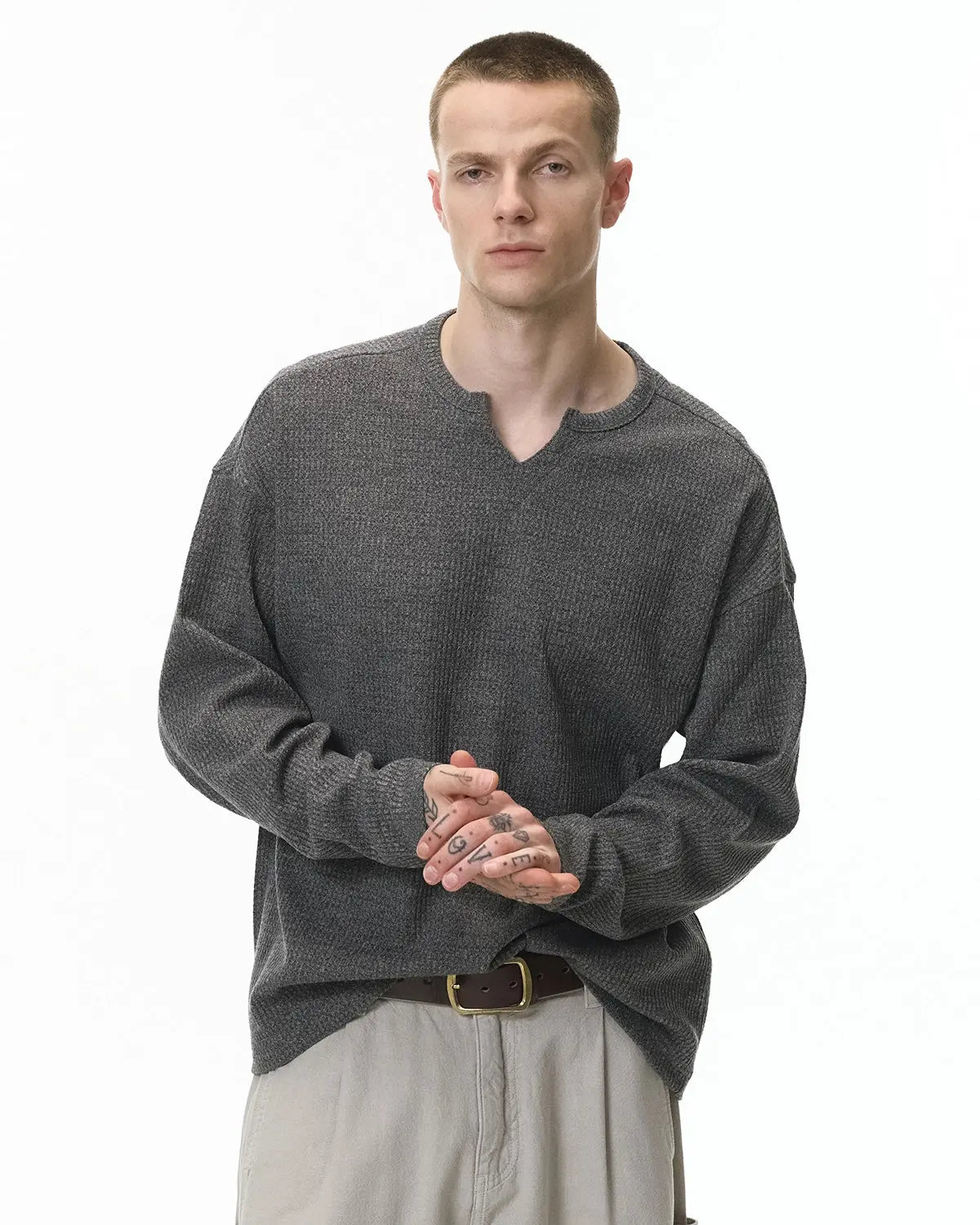 V-neck Long Sleeve Waffle Tees | Flation Streetwear
