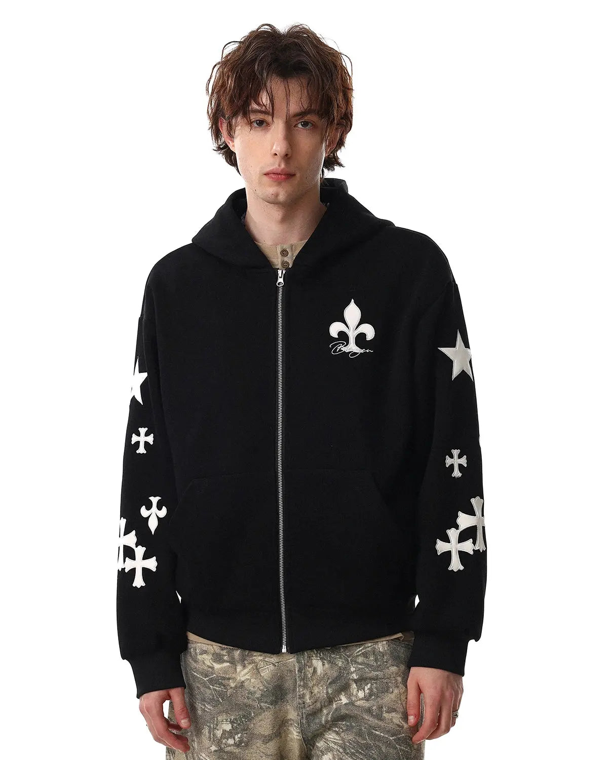 Cross PU Patch Embroidery Zip Up Hoodies | Flation Streetwear